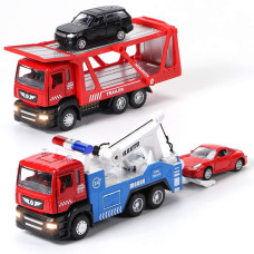 Winrayk 4Pcs Tow Truck Toys With Mini Toy Cars Set Pull Back Cars With Lights And Sound Trailer Transporter Vehicles Truck Toy