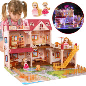 CUTE STONE Huge Dollhouse with 2 Dolls and Colorful Light, 26 x 23 x 20 Doll House Gift for Girls