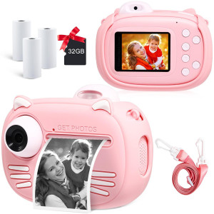 Instant Camera For Kids Camera For Girls 40Mp Kids Digital Camera, 2.4'' Screen Toddler Camera Kids Selfie Video Camera Children Toy Camera For Kids 3 -12, Print Paper And 32G Tf Card, Pink