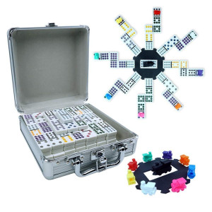 Pureplay Mexican Train Dominoes Set Double 12 Colored Dot Dominoes Includes 91 Tiles With 9 Trains Plastic Pieces And Alumi