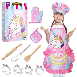 Vanmor Unicorn Kids Cooking And Baking Sets 11Pcs Kids Aprons For Girls Kids Chef Hat And Pink Apron Mitt Utensil For Toddl