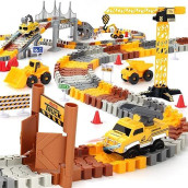 Construction Race Tracks Set, Flexible Train Tracks W/ 2 Electric Construction Race Vehicles W/Lights, Stem Engineering Race Track Toys With Dump Truck, Crane Assort Acessories For Boys Girls