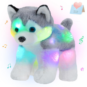 Bstaofy 12 Musical Light Up Husky Puppy Stuffed Animal Realistic Led Singing Dog Soft Plush Toy With Night Lights Glow In The Da