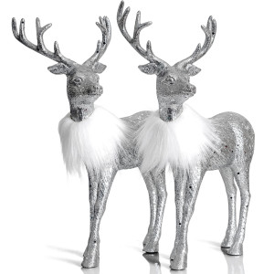 Ornativity Silver Glitter Christmas Reindeer Xmas Holiday Party Deer Figurine Statues Dinner Tabletop Decorations Centerpiece