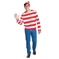 Disguise Men'S Wheres Halloween, Official Adult Waldo Costume Set With Shirt And Cap With Glasses Outfit, Multicolored, Medium (38-40)