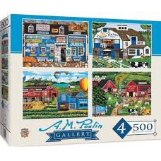 Masterpieces 2000 Piece Jigsaw Puzzle For Adults, Family, Or Youth - Fun Folk Art Am Poulin 4-Pack - 14"X19"