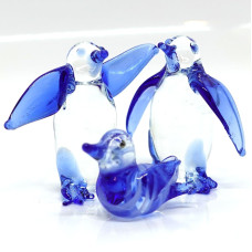 Sansukjai Set 3 Penguins Miniature Figurines Animals Hand Blown Glass Art Collectible Gift Decorate Clear Blue