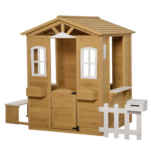 Outsunny Outdoor Playhouse For Kids Wooden Cottage With Working Doors Windows Mailbox Pretend Play House For Age 36 Years