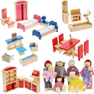 Wooden Dollhouse Furniture Doll House Furnishings With 8 Pieces Winning Doll Family Set Dollhouse Accessories For Boys Girls Mi