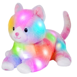 Glow Guards 13 Lying Light Up Rainbow Cat Plush Toy Rainbow Kitty Soft Stuffed Animal Bed Night Light Birthday For Toddler Kid