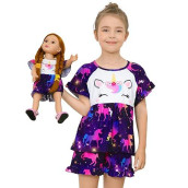 Girl & Doll Matching Pajamas Unicorn Outfit Clothes For Girls And 18" Dolls Pajama Sets (Doll Not Included), Dark Purple, 3-4T