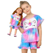 Girl & Doll Matching Pajamas Unicorn Outfit Clothes for Girls and 18 Dolls Pajama Sets (Doll Not Included), Purple Blue, 5-6 Years