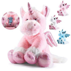 Prextex Plush Unicorn With Zippered Pouch For Its 3 Little Plush Baby Unicorns - Plushlings Collection Soft Stuffed Animal Playset