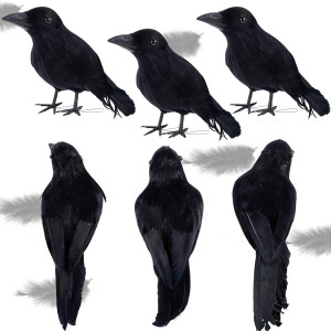 Atdawn 6 Pack Halloween Black Feathered Crows Realistic Looking Halloween Birds Decoration