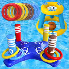 Max Fun Pool Floats Toys Games Set Floating Basketball Hoop Inflatable Cross Ring Toss Game Toys For Kids Adults Swimming Pool