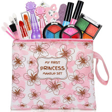 18 Pcs Makeup Toy Set Real Kids Cosmetic Beauty Toys With Cosmetic Bag Washable Make Up Kits For Girls Play Dress Up Beauty A