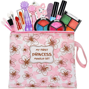 18 Pcs Makeup Toy Set Real Kids Cosmetic Beauty Toys With Cosmetic Bag Washable Make Up Kits For Girls Play Dress Up Beauty A