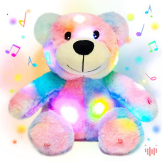 Hopearl Led Musical Rainbow Stuffed Teddy Bear Light Up Singing Plush Toy Adjustable Volume Lullaby Animated Soothe Valentines D