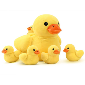 Pegmapri 14 Yellow Duck Stuffed Animal With Babies Mommy Ducky Plush Playset With Zipper Pocket 5Pcs Ducklings Toys Plushie B