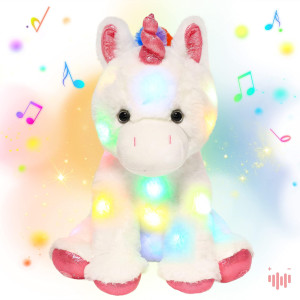 Hopearl Led Musical Stuffed Unicorn Light Up Singing Plush Toy Adjustable Volume Lullaby Animated Soothe Birthday Festival For K