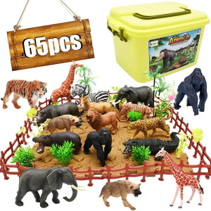 65Pcs Safari Animal Figurines Toy Set Realistic Jungle Zoo Figures With Elephant Lion Giraffe Fence Building Blocks For Kid