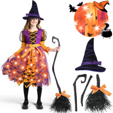 Spooktacular Creations Girls Witch Costume Light Up Starry Witch Dress With Hat And Broom For Kids Toddler Halloween Dress Up