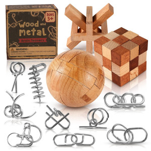 Metal And Wooden Brain Teaser Puzzles Set 12 Pcs For Kids Teens And Adults Mind Puzzle Games For Iq Test Chinese Wire Unlock L