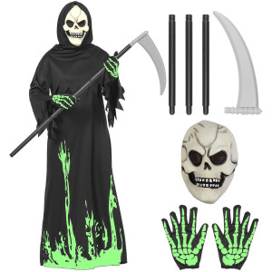 Twisterck Halloween Grim Reaper Costume For Kids Boys Girls Glow In The Dark Deluxe Phantom Costume