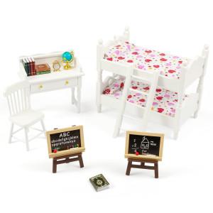 Samcami Miniature Dollhouse Furniture 1 12 Scale Wooden Dollhouse Bed Set Doll House Furniture Toys Incl Doll Bed Desk Boo