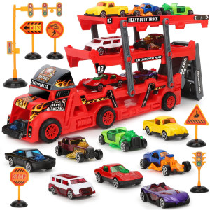 Aoskie Transport Carrier Truck Car Toy With Mini Cars And Road Signs Hauler Launch Vehicles Play Set Gifts Games For Kids Ages