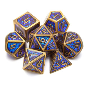 Metal Dice Set D&D, 7-Piece Polyhedron Dnd D20 D12 D10 D8 D6 D4 Dungeons And Dragons Dice Set, Suitable For Rpg Game Dnd Dice Set (Bronze + Blue Powder)