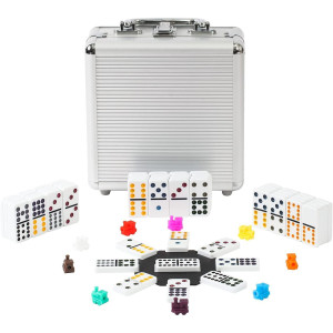 Playwus Double 12 Coloured Dot Dominoes Mexican Train Game Set With Aluminum Case 91 Tiles 9 Trains Scoreboard Octagon Shape