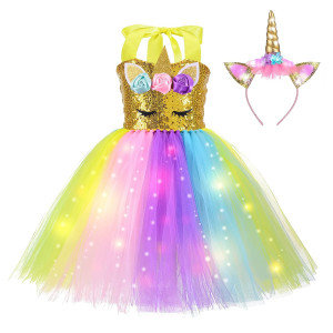 Gogoparti Sequin Unicorn Costume For Girls Led Light Up Dress For Birthday Party Rainbow Tutu Dress With Headband