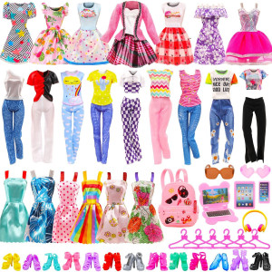 47 Pcs Doll Clothes Accessories Include 5 Tops 5 Pants Outfits 15 Dresses 10 Shoes 10 Hangers 7 Accessories Glasses Backpack F