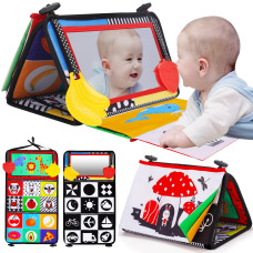 Tummy Time Baby Mirror Infant Toys Newborn Toys 0 3 Months Brain Development With Crinkle Cloth Book And Teether Black And White