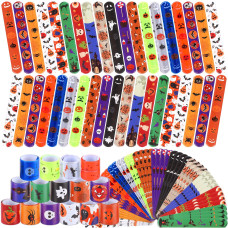 Junebrushs 56 Pcs Halloween Slap Bracelets Halloween Party Favors Snap Bracelets Bulk Halloween Toys For Kids Girls Boys Birthda