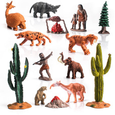 Fantarea Simulation Ancient Biological Model Figures Playsets 14 Pcs Prehistoric Animals Primitive Humans Cavemen Living And Hun