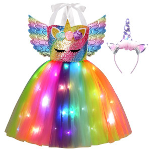 Davsolly Unicorn Costume For Girls Led Light Up Unicorn Princess Tutu Outfit For Halloween Dress Up Birthday Christmas Gifts