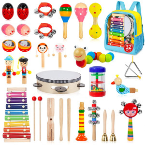 Gouezcc Toddler Musical Instruments Set 32 Pcs 19 Kinds Wooden Percussion Instruments Toys For Kids Playing Preschool Education