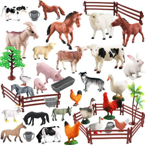 Realistic Farm Animal Figures Toys 44 Pcs Plastic Farm Figurines Playset Includes Fences Mini Farm Animal Cake Topper Learning