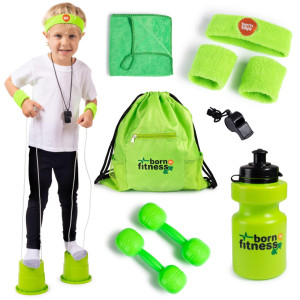 Born Toys Complete Kids Exercise Equipment Set Kids Workout Equipment Includes Kids Jump Rope Dumbbell Water Bottles Hula Ho