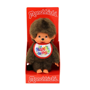 Sekiguchi 242191 Original Monchhichi Boy Plush Toy With Bib Happy Birthday Approx 20 Cm Large Cuddly Toy Made Of Brown Plush