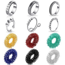 12 Pieces Fidget Anxiety Rings Including 6 Pieces Spiky Sensory Finger Rings Spinner Rings Anxiety Rings Zircon Ring With Bea