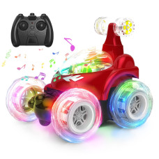 Kizeefun Rc Stunt Car Invincible 360Rolling Twister With Colorful Lights Music Rechargeable Remote Control Car For Kids Red