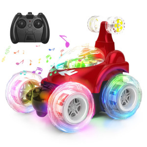 Kizeefun Rc Stunt Car Invincible 360Rolling Twister With Colorful Lights Music Rechargeable Remote Control Car For Kids Red