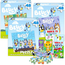 Bluey Premier 48 Pc Puzzle Set For Kids Bluey Party Supplies Bundle With 3 Bluey Puzzles Barn Bots Stickers And More Bluey