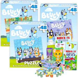 Bluey Premier 48 Pc Puzzle Set For Kids Bluey Party Supplies Bundle With 3 Bluey Puzzles Barn Bots Stickers And More Bluey