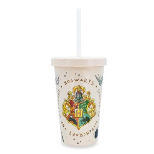Silver Buffalo Harry Potter Hogwarts Wooden Bamboo Travel Tumbler Cup With Lid And Reusable Straw | Holds 20 Ounces