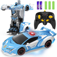 Fdj Rc Cars Transform Remote Control Car 24Ghz 118 Scale Transforming Police Car Toy With Flashing Light One Button Deform