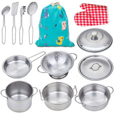 Yellora Play Pots And Pans Sets For Kids Stainless Steel Cookware Toys Gift Set For Christmas Pretend Play Kitchen Accessories